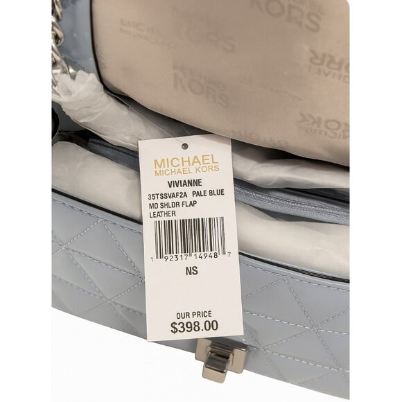 NWT Michael Kors Vivianne Medium Shoulder Flap Pale Blue Patent Leather Bag - Picture 6 of 6